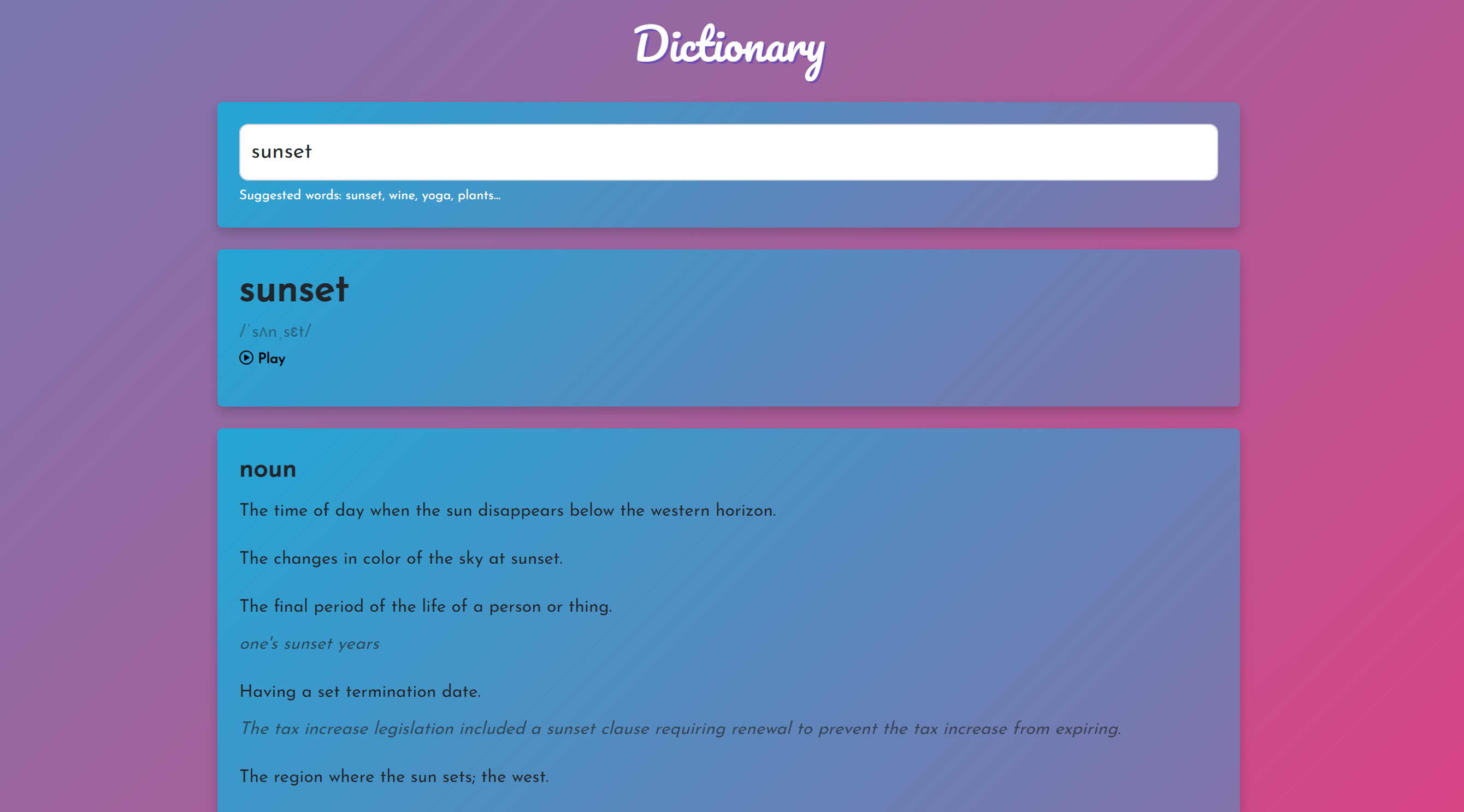 screenshot of dictionary project