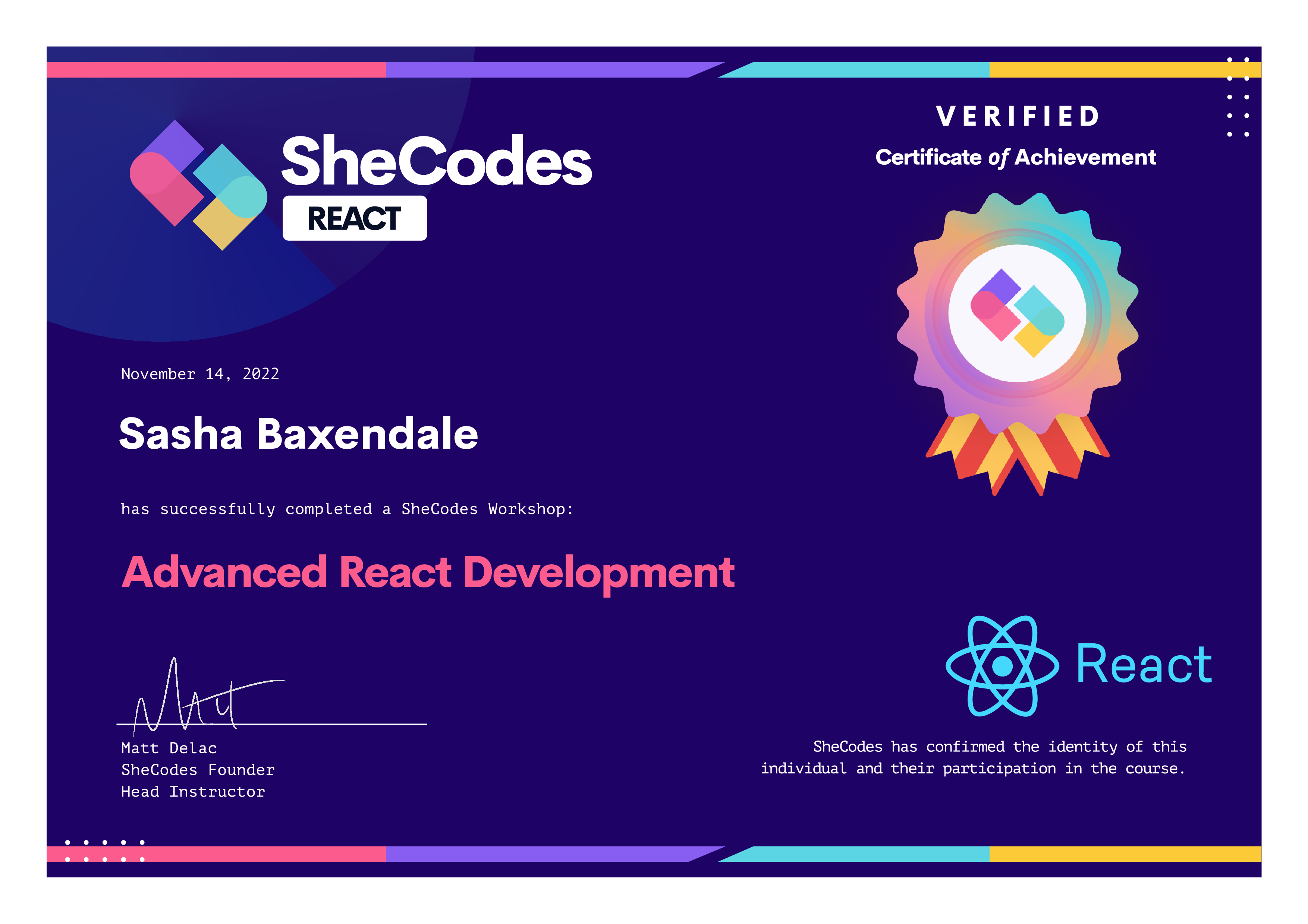 SheCodes React certificate d-none d-md-block