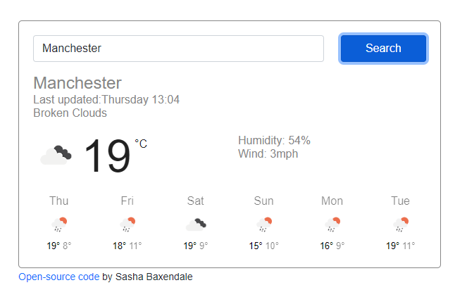 screenshot of weather application project